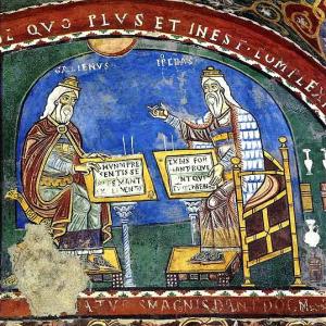 4. Hipòcrates i Galè debaten sobre la natura del món material (cripta de la catedral d'Anagni, Itàlia, 1237)