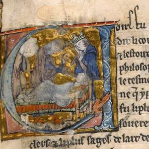 14. Hipòcrates a la literatura: en aquest cas, guareix miraculosament el nebot d'August, a 'L’Estoire del Graal, Merlin et Lancelot' (Rennes, Bibliothèque de Rennes Métropole, ms. 255, f. 57r, c. 1220-1230)