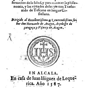 13. Segona edició de la traducció castellana del 'Liber de homine', amb el títol d''El porqué' (Alcalà de Henares, Juan Iñíguez de Lequerica, 1587).