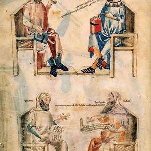 5. Representació d'Hipòcrates amb Ḥunayn ibn Isḥāq (a dalt) i amb Galè (a baix), dels quals se n'exposen citacions, al 'Liber de herbis' de Manfredo de Monte Imperiale (París, Bibliothèque nationale de France, ms. Lat. 6823. f. 1v, Pisa, c. 1330-1340)