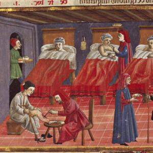 10. Interior d'un hospital medieval, en un manuscrit il·luminat del 'Canon' d'Avicenna (Florència, Bibliloteca Laurenziana, ms. Gaddianus 24, Itàlia, s. XV)