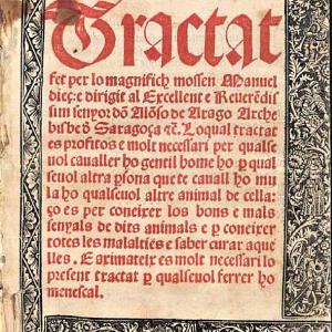 20. Primera portada de la segona edició de la retrotraducció al català del 'Llibre de la menescalia' de Manuel Díez (Barcelona, Joan Giglo i Dimes Bellestar, 1523).