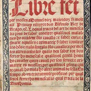 21. Segona portada de la segona edició de la retrotraducció al català del 'Llibre de la menescalia' de Manuel Díez (Barcelona, Joan Giglo i Dimes Bellestar, 1523).
