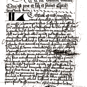 16. Manuscrit de la traducció al francès del s. XV del 'Llibre de cavalls' de Manuel Díez (París, Bibliothèque nationale de France, ms. Esp. 2002, f. 1r).