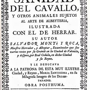 25. Portada de l'obra de Salvador Montó, 'Sanidad del cavallo' (València, Josep Esteve Dolç, 1742).