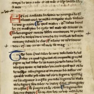 11. Colofó de Guillem Salvà a la seva traducció i comentari de la 'Chirurgia parva' de Lanfranc de Milà ('Summa de cirurgia') i inici del seu tractat de flebotomia (Madrid, BNE, ms. 10162, f. 54r).