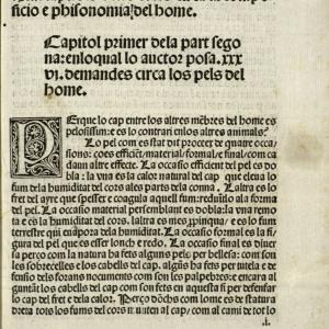 11. Inici de la segona part de l'obra, sobre la fisiognomonia, en la traducció catalana impresa el 1499: “Comença la segona part... de les coses circa la composicióe phisonomia de l'home”.