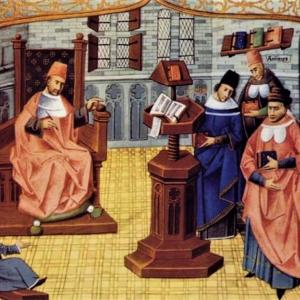 2. Càtedra de medicina, amb la representació d'Hipòcrates, Galè i Avicenna amb indumentària mèdica de la segona meitat del s. XV (París, BnF, ms. Lat. 6966, f. 4r, any 1461).
