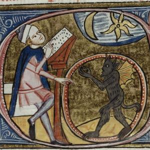 2. Astròleg mirant el cel amb un dimoni dins un cercle (Londres, British Library, ms. Royal 6 E VI, f. 396v, Londres, c. 1360-1375).