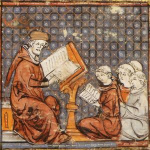 2. Aula universitària medieval. Elogi de la Universitat de París, a les 'Grandes chroniques de France' (Castres, Bibliothèque Municipale, ms. 3, f. 277r, vers 1330).