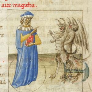 5. Zoroastre presentat com a fundador de l’art màgica, dins d’un cercle, sotmentent dos dimonis (Londres, British Library, ms. Yates Thompson 28, f. 51r, Florència, 1425).
