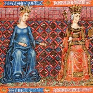7. Blanca d'Anjou entre les filles de Carles II de Napols i Maria d'Hongria (esquerra), a la 'Bíblia d'Anjou' (Universitat Catòlica de Lovaina, Maurits Sabbebibliotheek, ms. 1, vers 1340).