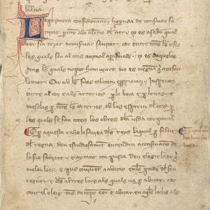 10. Inici del text de l'obra al manuscrit M de la traducció catalana del 'Regiment de sanitat' d'Arnau (Madrid, BNE, ms. 10078, f 5r).