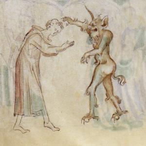 13. Clergue servint-se de la nigromància per invocar el dimoni perquè l’ajudi a aconseguir la seva estimada (Londres, British Library, ms. Royal 2 B VII, f. 227v, SE d'Anglaterra, c. 1310-1320).