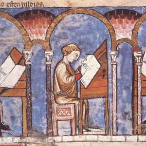 15. Copyists working, in the 'Libro de los juegos' by Alfonso X the Wise (El Escorial, MS T-I-6, 13th C).