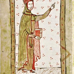 1. Arnald of Villanova, depicted in the apocryphal work by Bertran Boisset 'La siensa de destrar', 1401 (Carpentras, Bibliothèque Municipale, MS 327, f. 127v). Despite being an apocryphal text, it is the oldest image of those intended to depict Arnald.