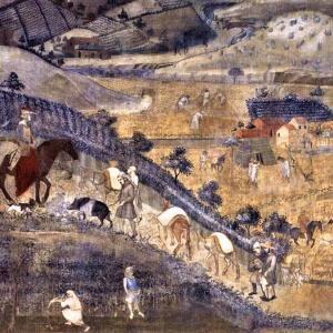 3. Movement of animals entering and leaving the city. Ambrogio Lorenzetti, 'Effetti del buon governo in campagna'. Siena, Palazzo Pubblico, Sala dei Nove (1338-1340).
